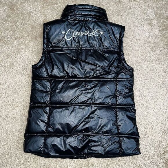 Converse Vest Large Youth 12-13 YRS Black Puffer Full Zip Pockets Logo Girls - Picture 2 of 5